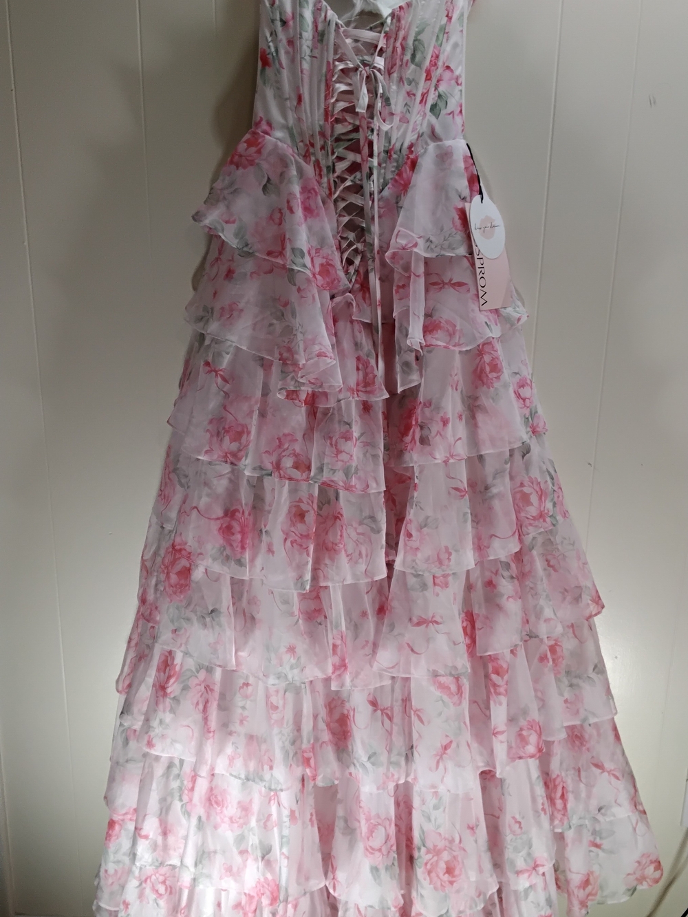 Strapless Pink Floral Tiered Ruffle Gown - Picture 8 of 11